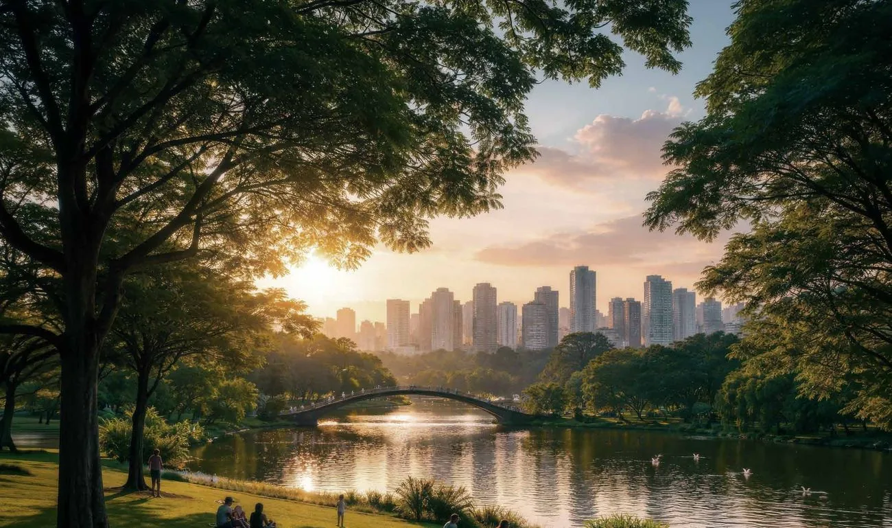 Parque Ibirapuera ao entardecer com a cidade ao fundo