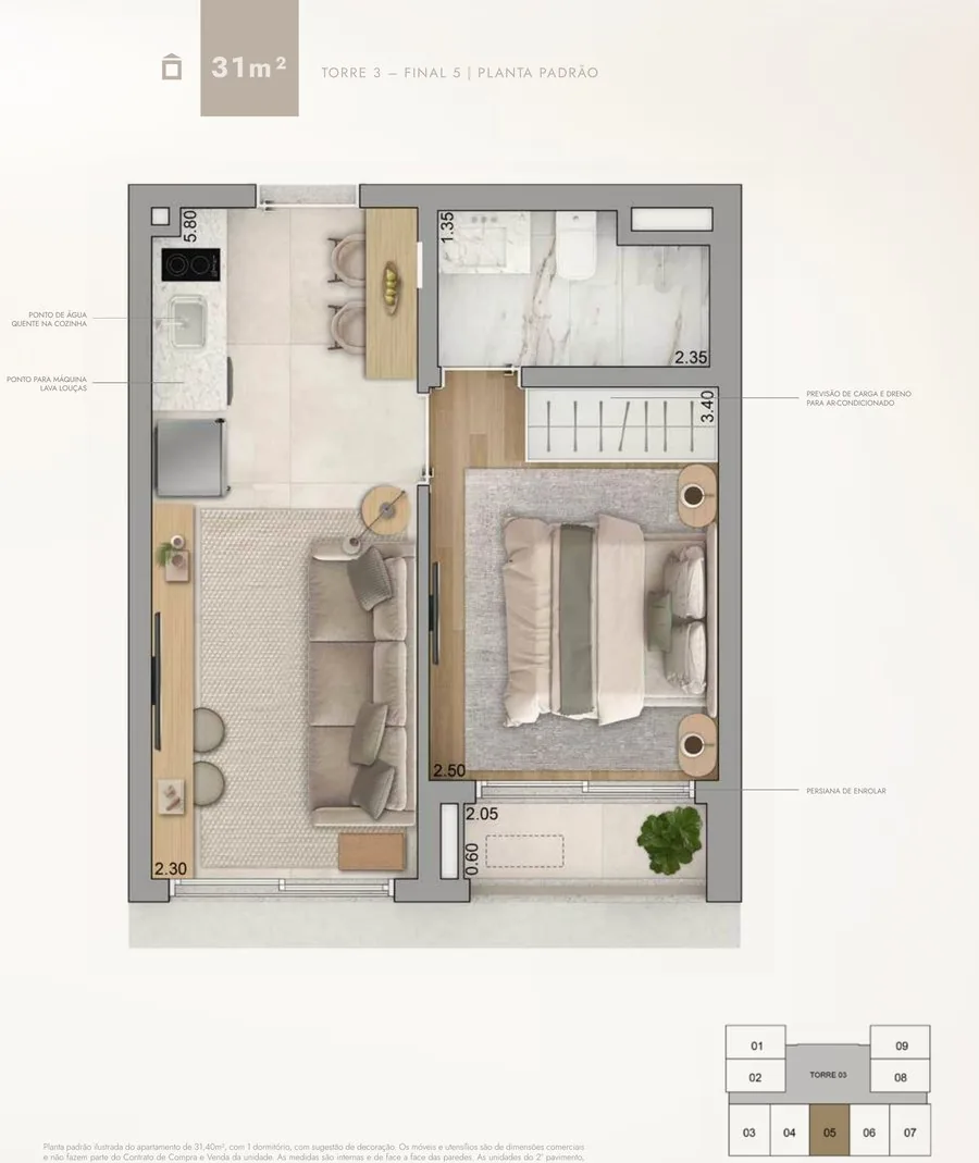 Planta do apartamento de 1 dormitório de 31 m²
