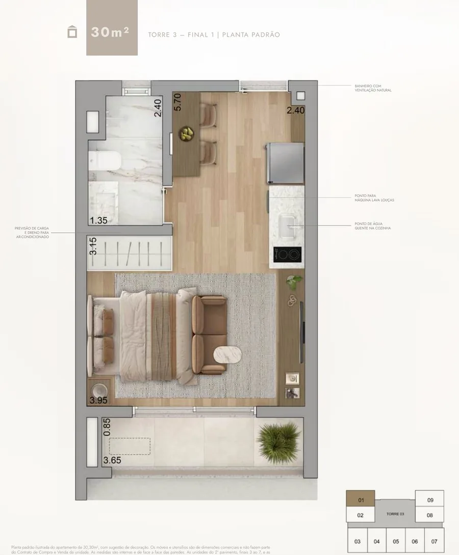 Planta do studio de 30 m²
